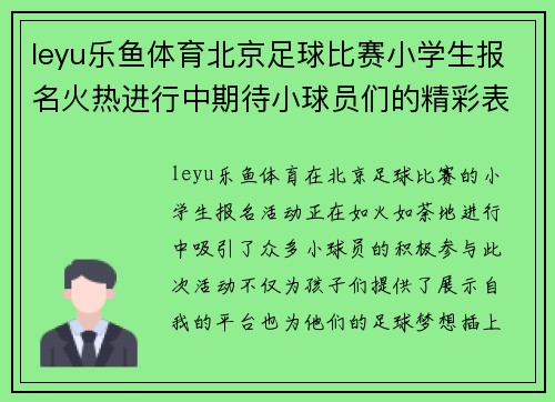 leyu乐鱼体育北京足球比赛小学生报名火热进行中期待小球员们的精彩表现